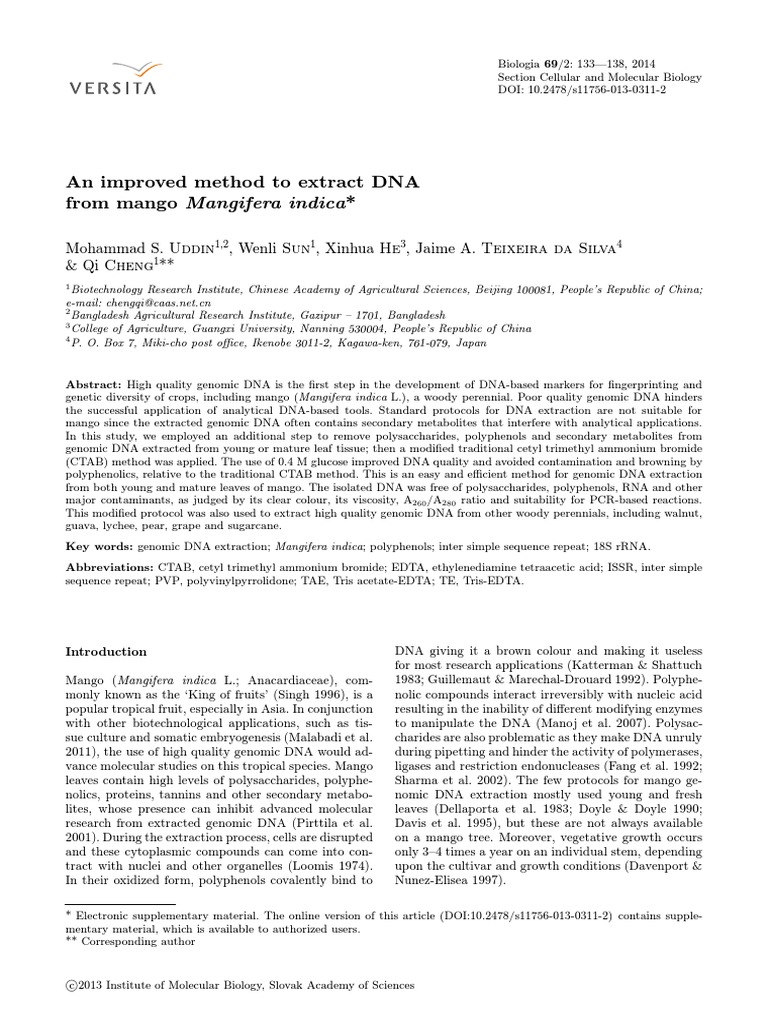 An improved method to extract dna from mango mangifera indica pdf