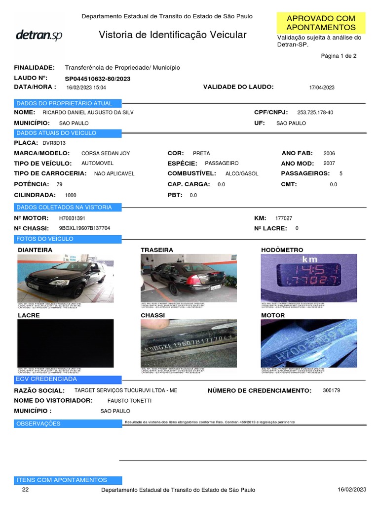 Vistoria de Identificação Veicular: Departamento Estadual de Transito ...