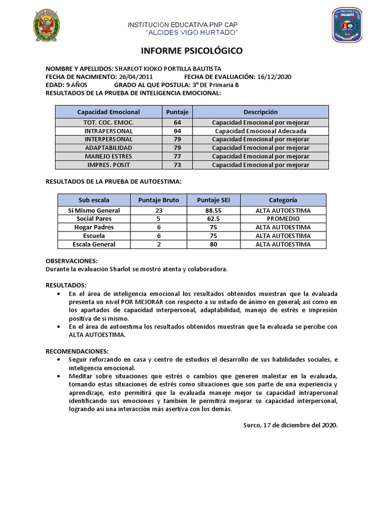 Informe Psicológico de Sharlot Kioko | PDF | Las emociones | Autoestima