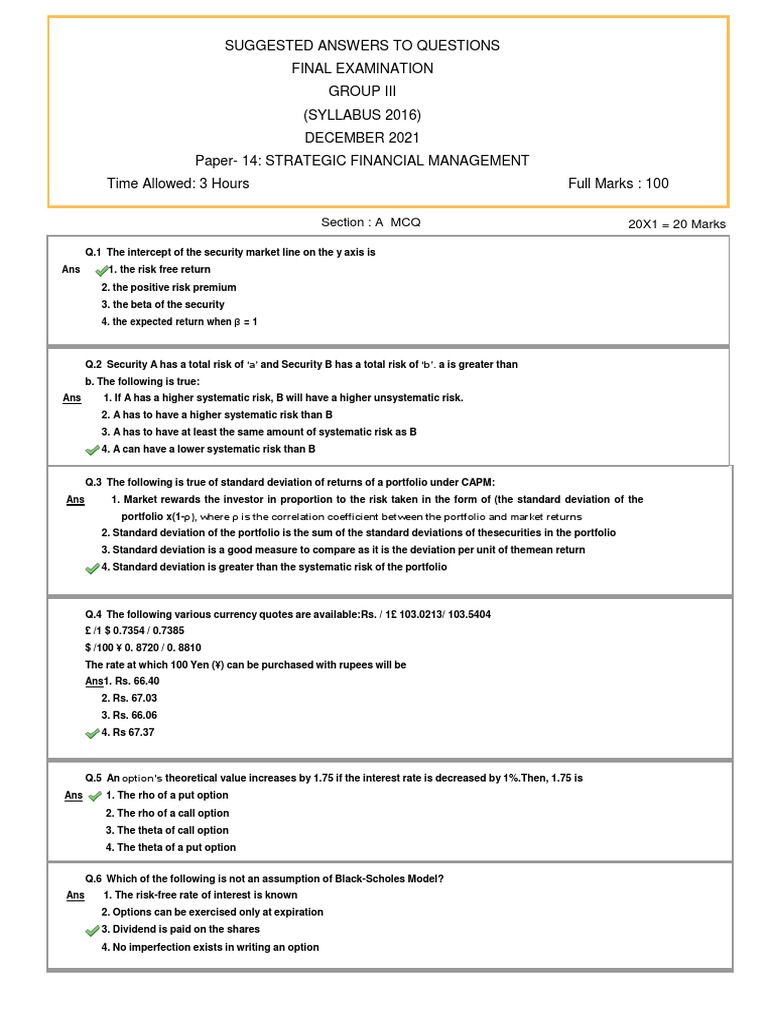 Strategic Financial Management Final Exam Suggested Answers PDF