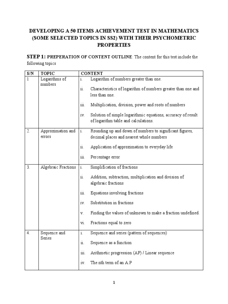 Mathematics Achievement Test Blueprint | PDF | Logarithm | Mode ...