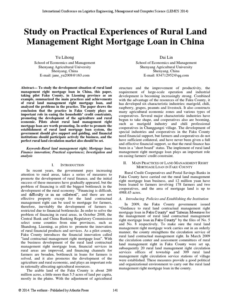 Study On Practical Experiences of Rural Land Management Right Mortgage