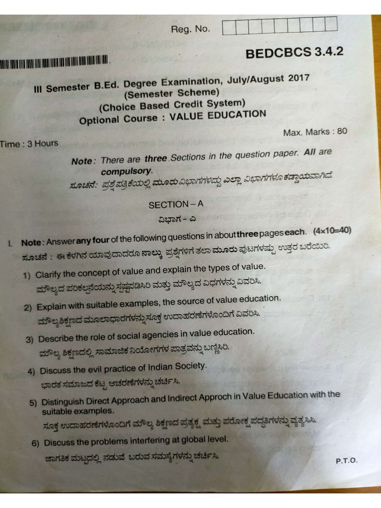 mangala jyothi value education question paper