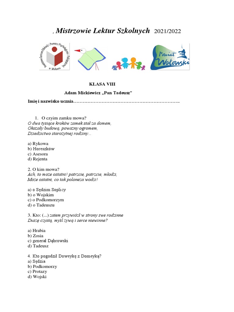 Test Z Pana Tadeusza Klasa 8 TEST Pan Tadeusz | PDF