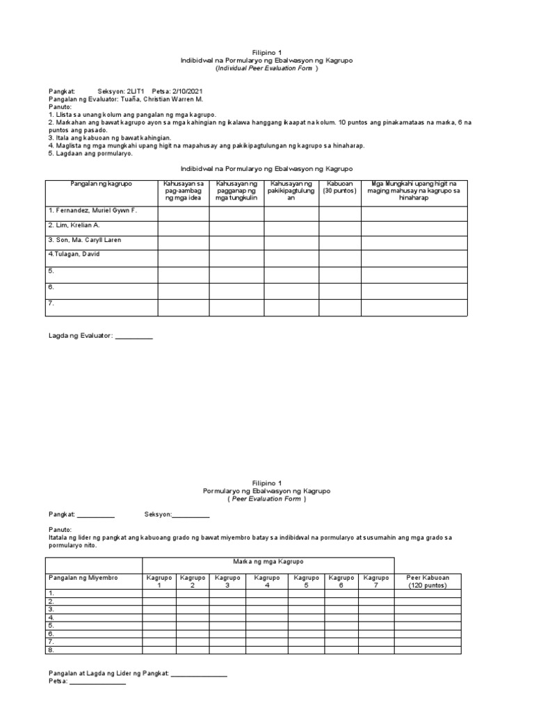 Peer Evaluation Form Pdf
