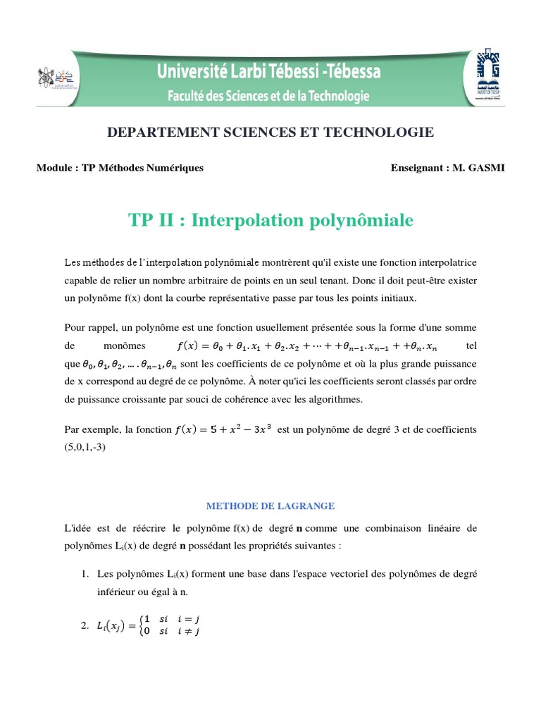 Interpolation polynomiale : Lagrange et Newton | PDF | Polynôme ...