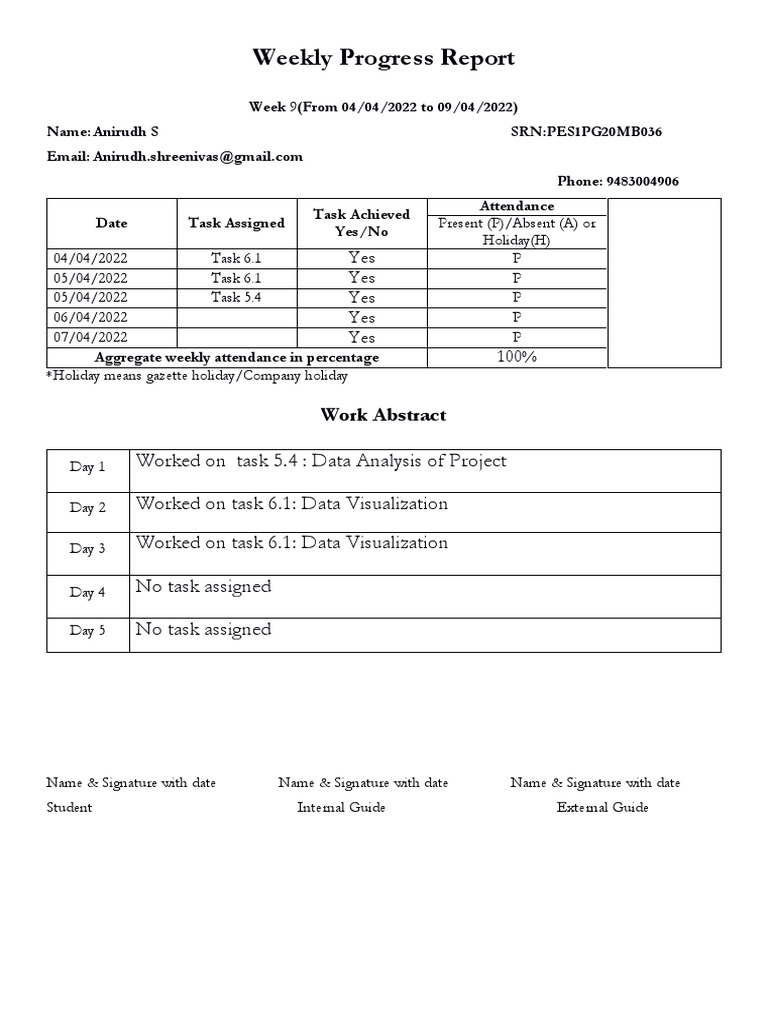 Week 9 Progress Report: Tasks & Attendance | PDF