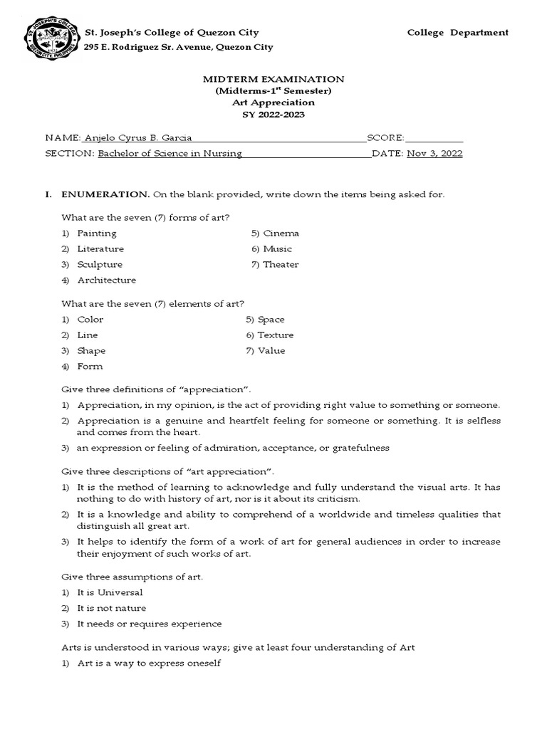 Midterm Exam Art App 1st Sem 2022 23 | PDF