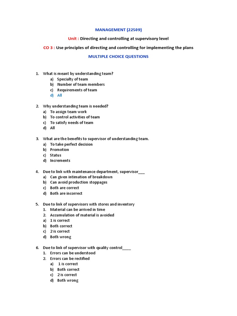 Supervisory Control and Direction Quiz | PDF | Disciplines | Audit