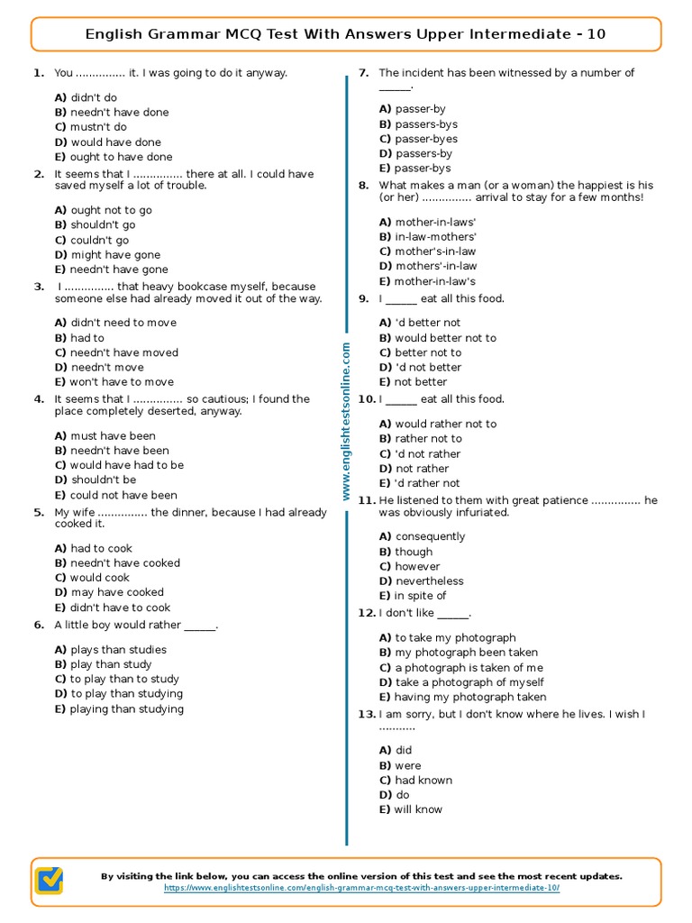 Upper Intermediate English Grammar Mcqs Pdf
