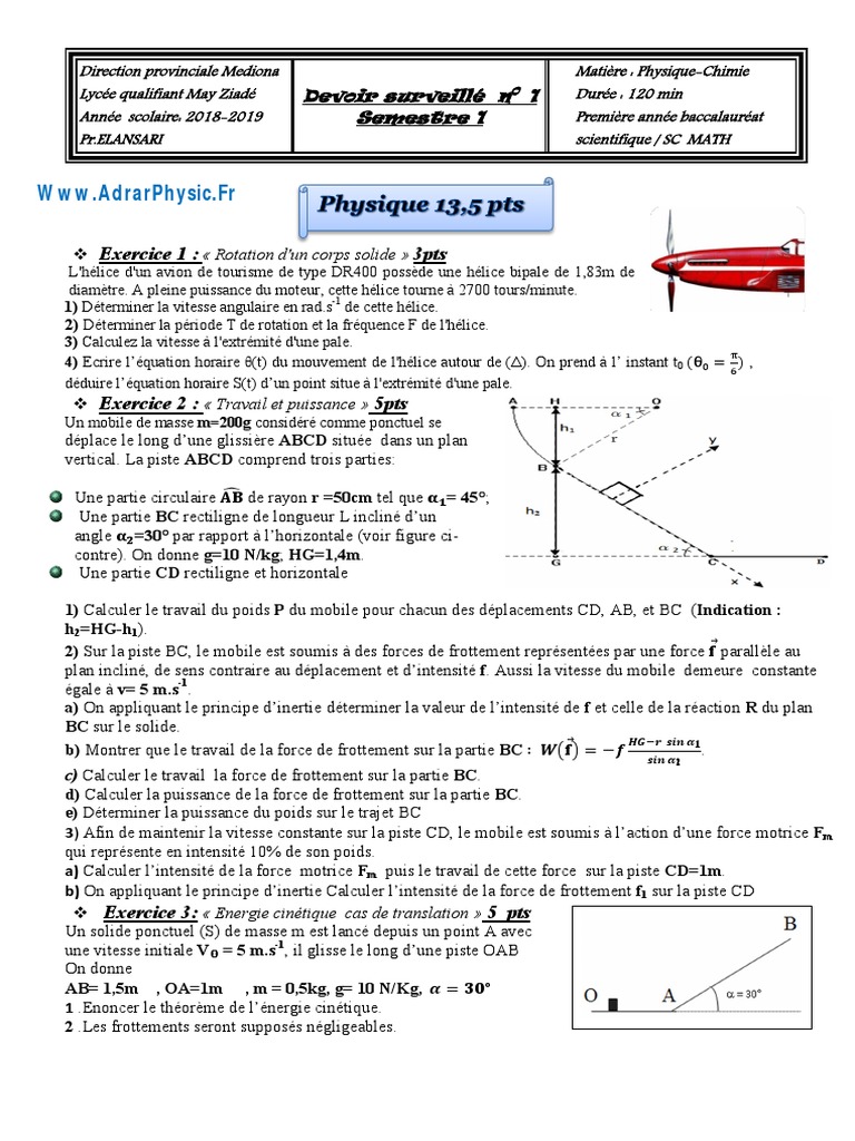 Devoir Surveillé Physique 1 Bac SM | PDF