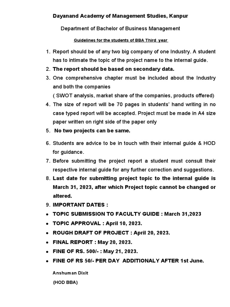 BBA Project Guidelines for 2023 | PDF | Marketing | Public Sphere