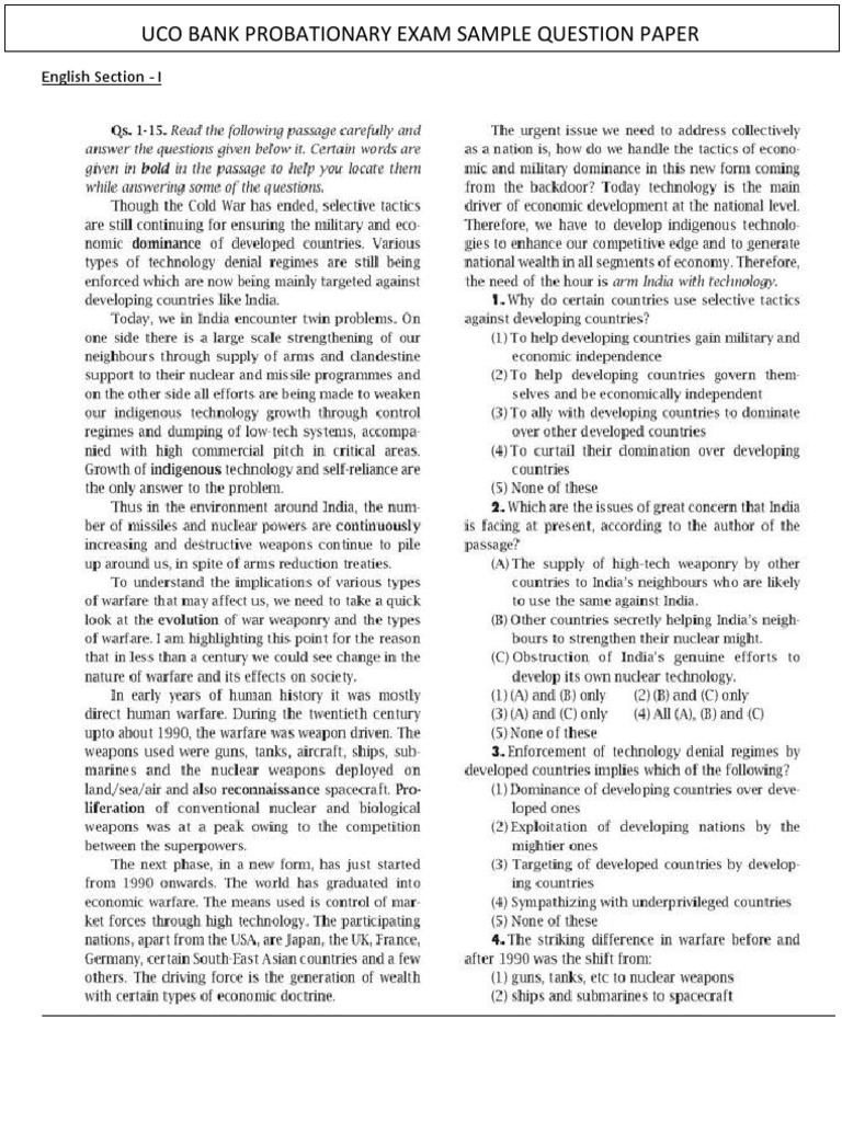 Uco Bank Probationary Exam Sample Question Paper | PDF