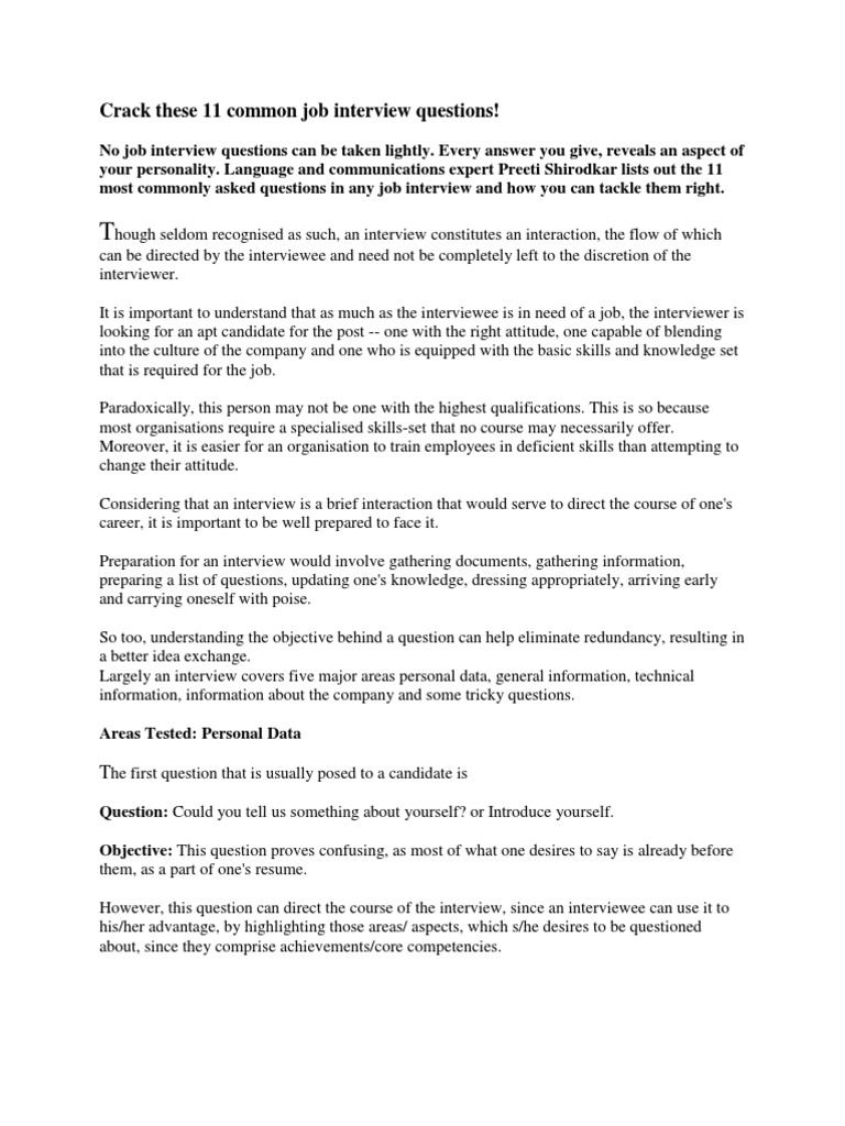 11 Most Common Job Interview Questions PDF Job Interview Interview