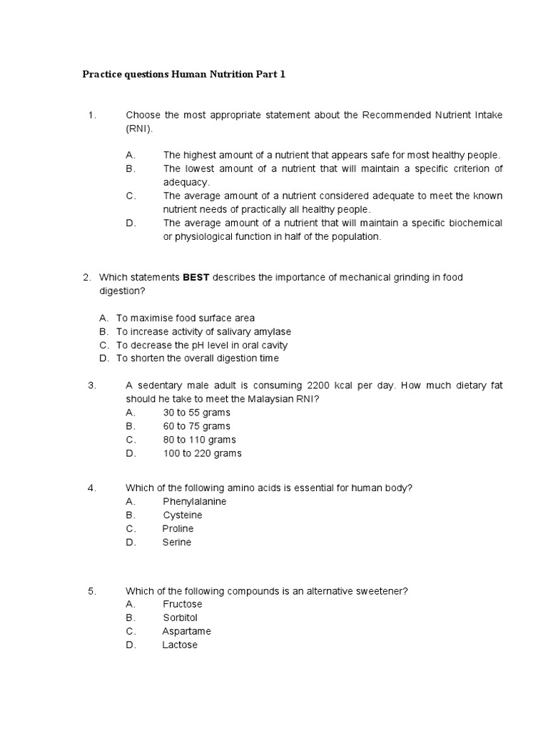 Practice Questions Human Nutrition Part 1 PDF Diet & Nutrition
