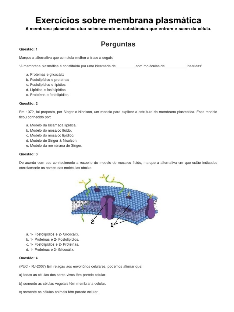 Exercícios sobre Membrana Plasmática | PDF