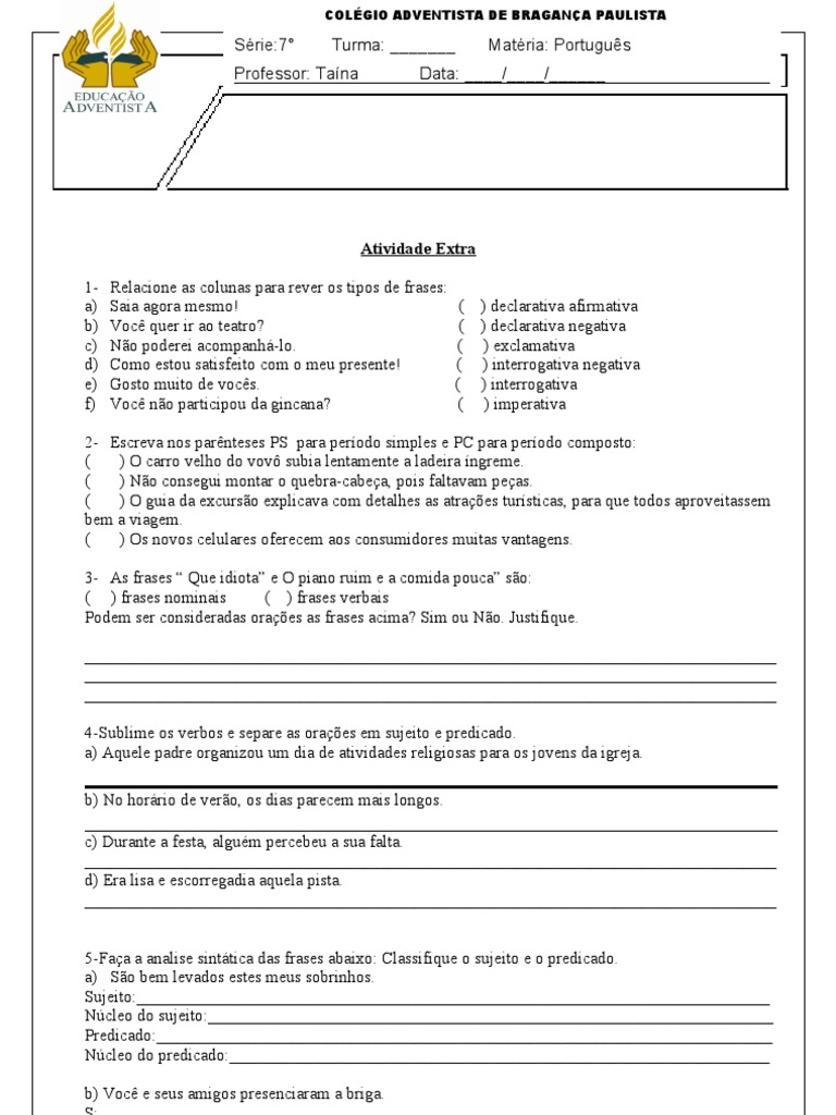 Atividades sobre Tipos de Frases 7º Ano | PDF | Casa e Jardim