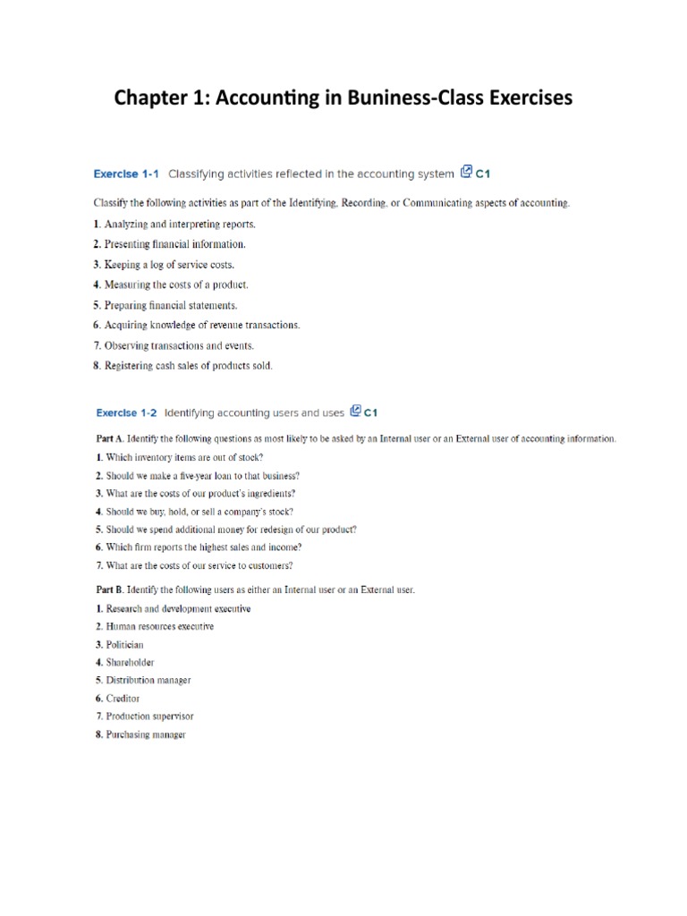 Intro To Accounting. Chapter 1-Class Exercises | PDF | Finance & Money ...