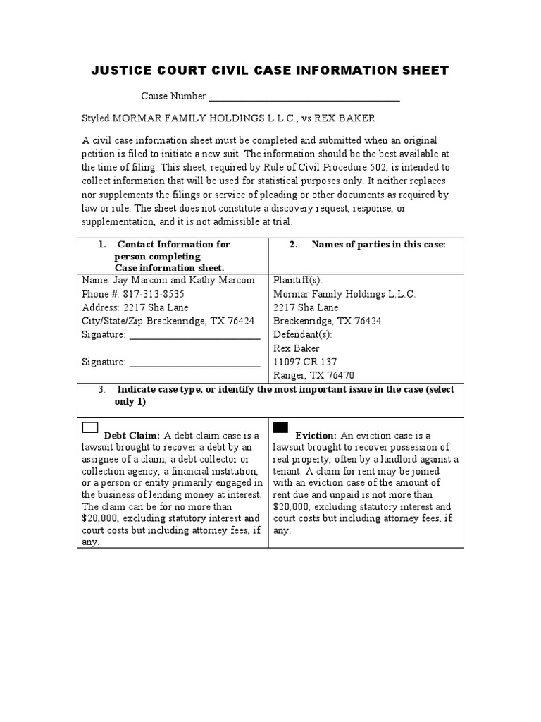 Justice Court Civil Case Information Sheet PDF Lawsuit Eviction