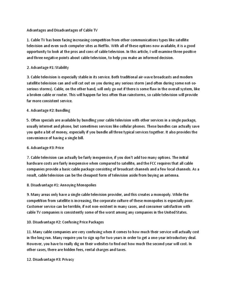 Pros and Cons Cable TV | PDF | Cable Television | Monopoly