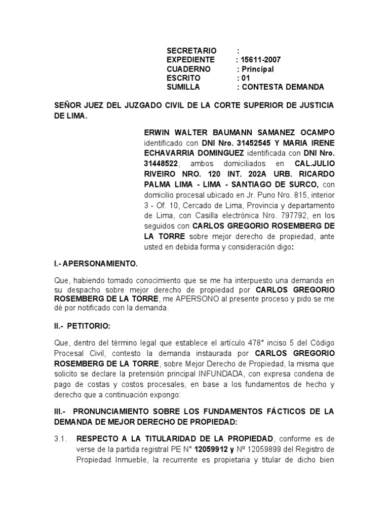 Contestación a Demanda de Propiedad | PDF | Demanda judicial | Propiedad