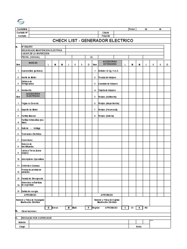 Check List Generador Eléctrico | PDF | Bienes manufacturados | Vehículos