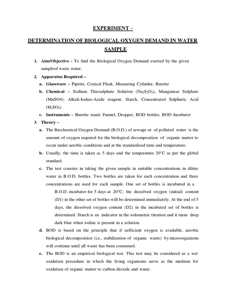 Experiment Determination of Biological Oxygen Demand in Water Sample