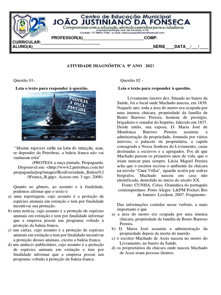 Atividade Diagnóstica - 9º Ano 2023 | PDF | Poluição do ar ...