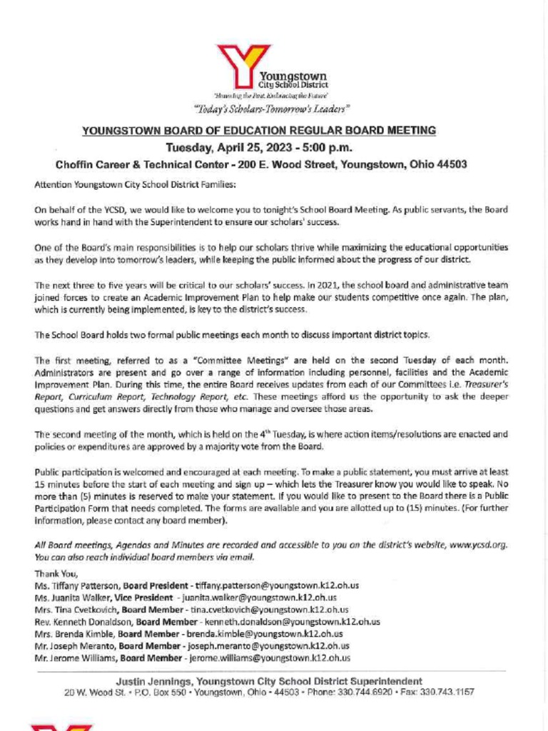 Youngstown boe meeting agenda april 25 2023 pdf