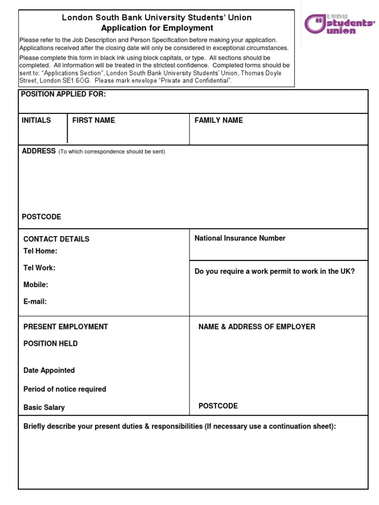 LSBU Students' Union Job Application Form | PDF