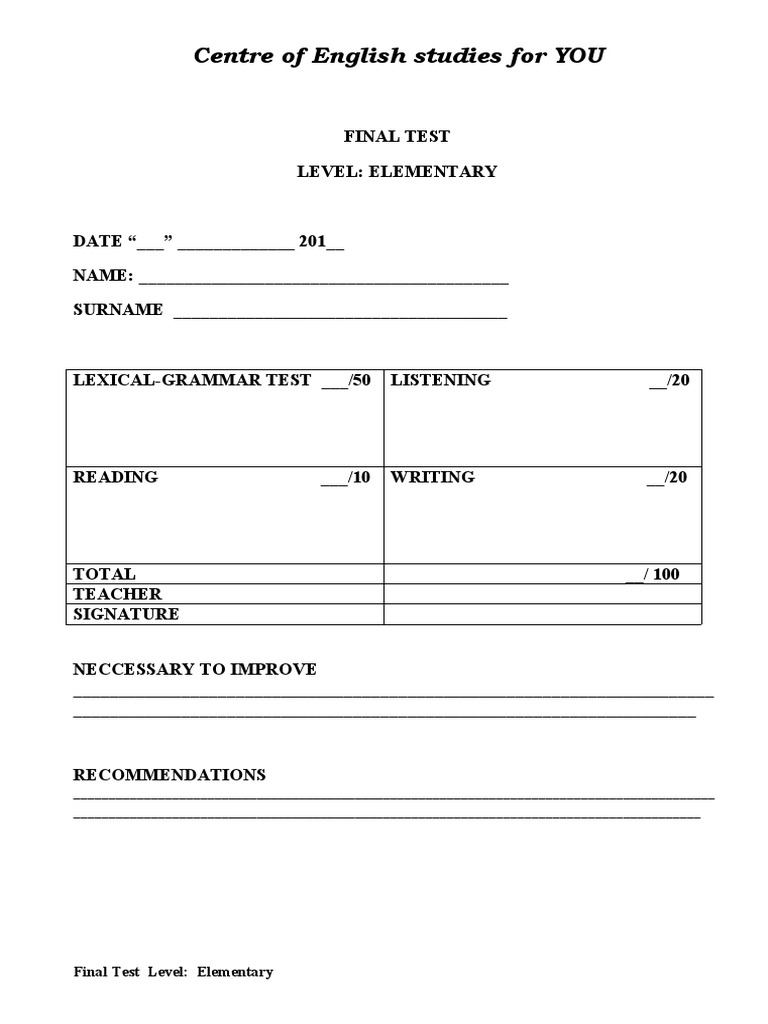 Elementary Final Test Overview | PDF