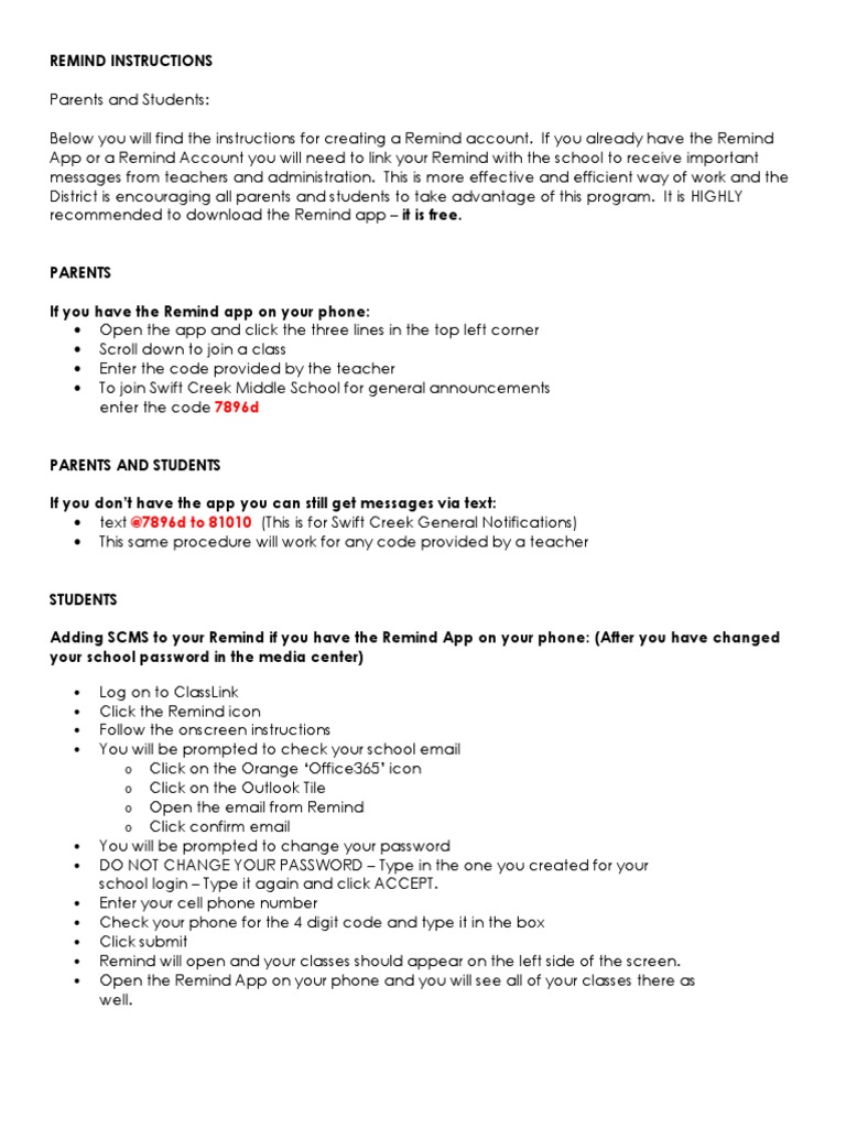 Remind App Setup Instructions for Parents | PDF
