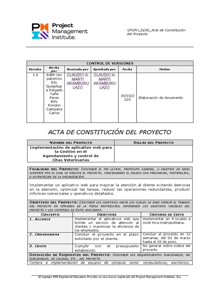 Acta de Constitución Del Proyecto - Blanco | PDF | Software | Presupuesto
