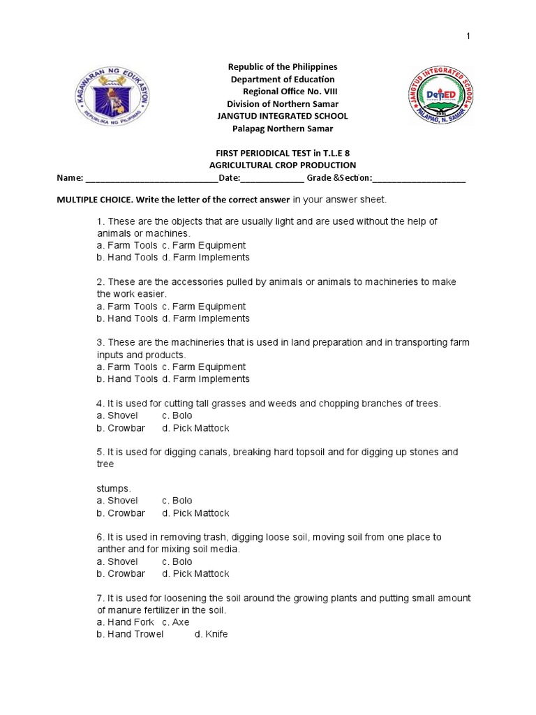 1st Quarter Exam in Tle8 Agricrop To Print PDF Plough