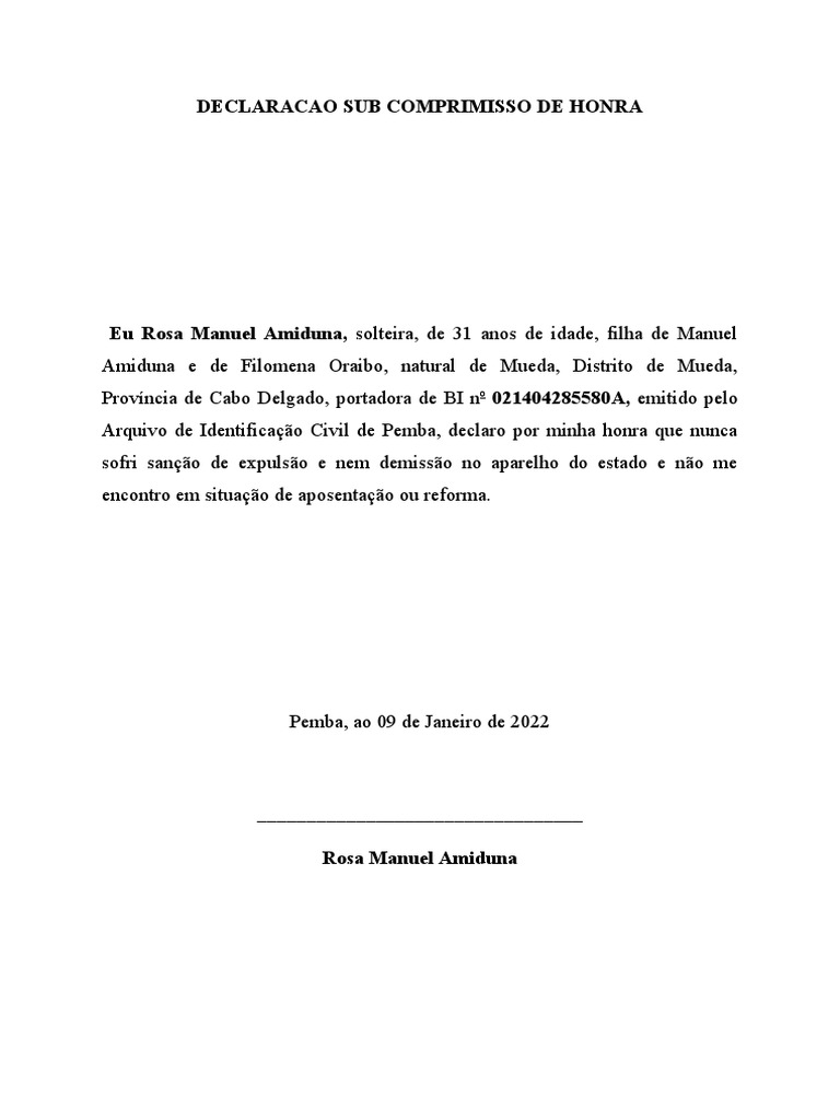 Declaracao de comprimisso de honra pdf