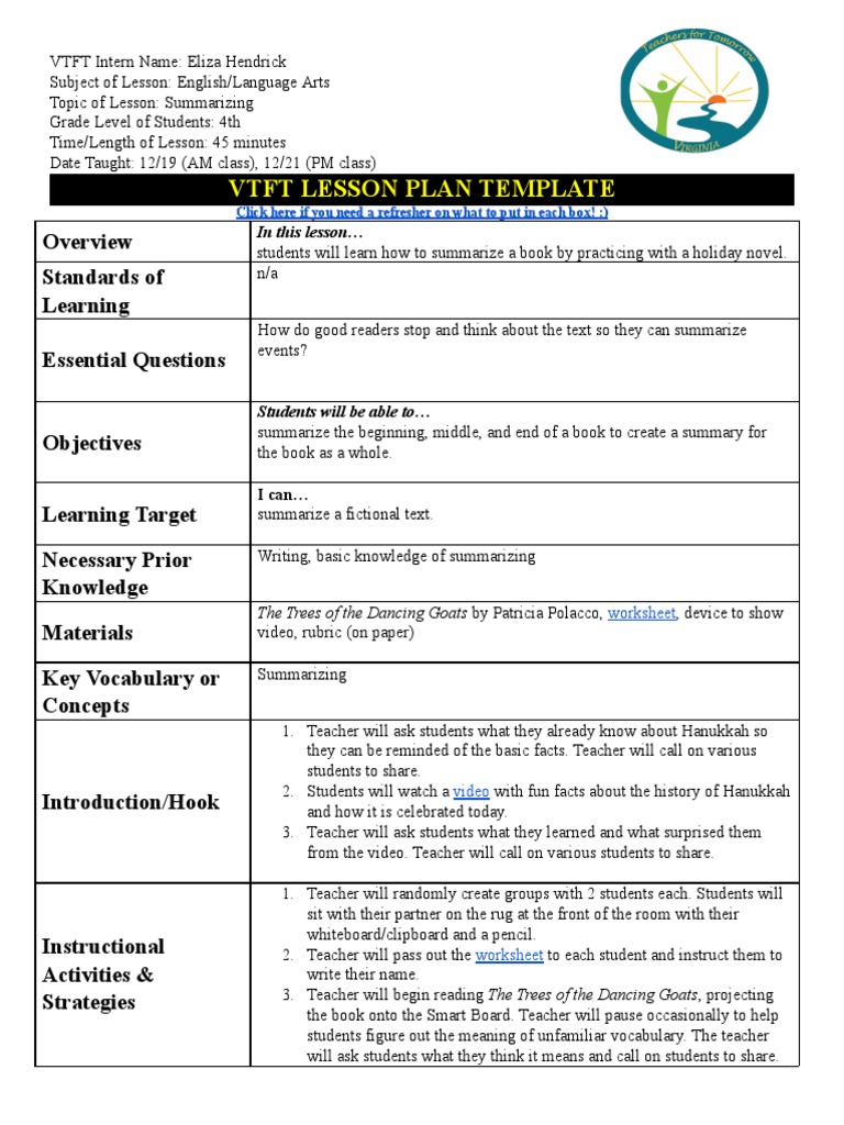 4th Grade Lesson Plan: Summarizing | PDF | Rubric (Academic) | Lesson Plan