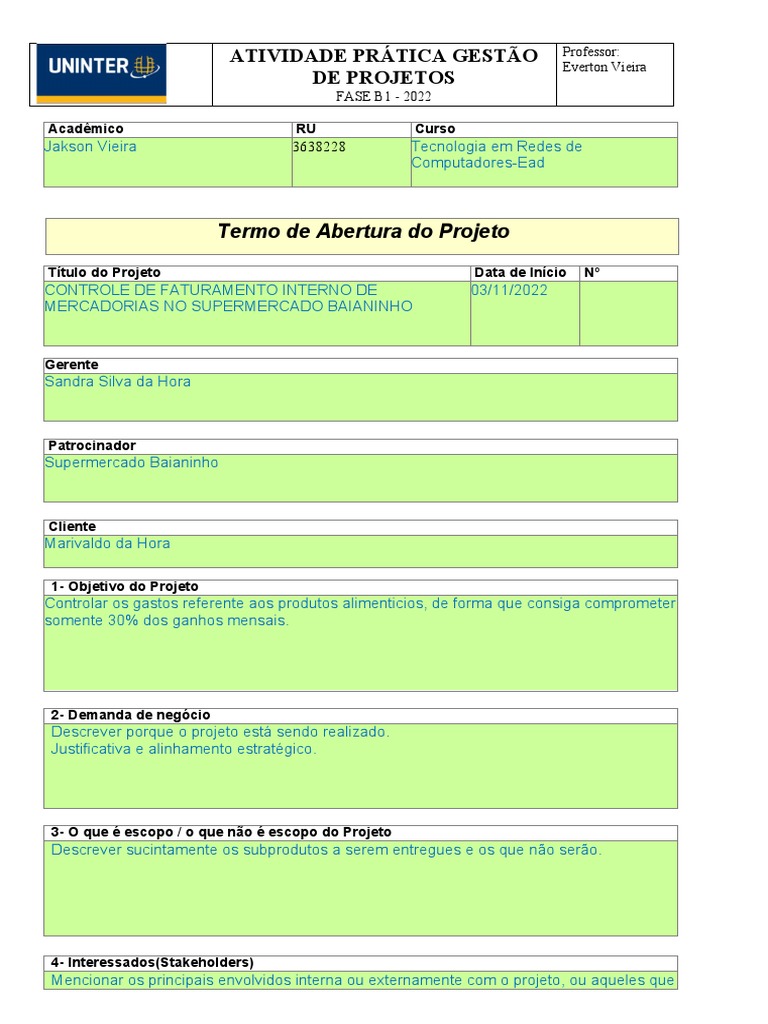 Atividade Pratica Gestao De Projetos Termo De Abertura Do Projeto Pdf