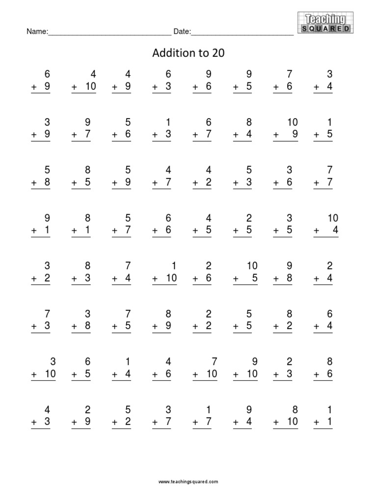 Addition to 20 Worksheets | PDF