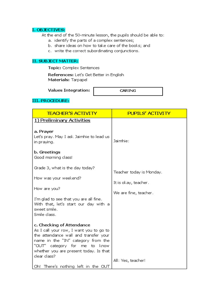 Complex Sentences Lesson Plan for Grade 3 | PDF | Sentence (Linguistics ...
