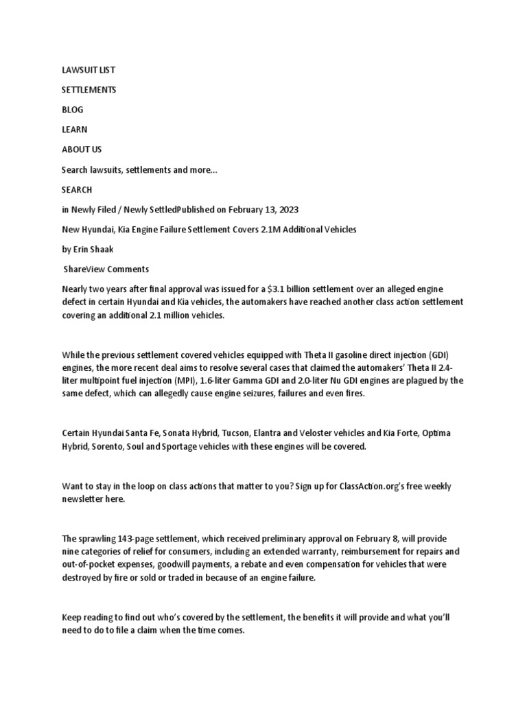 Hyundai Lawsuit List PDF Lawsuit Vehicles