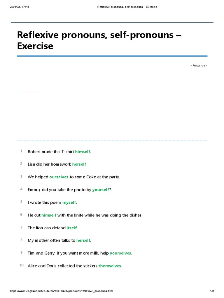 Reflexive Pronouns Self Pronouns Exercise Pdf