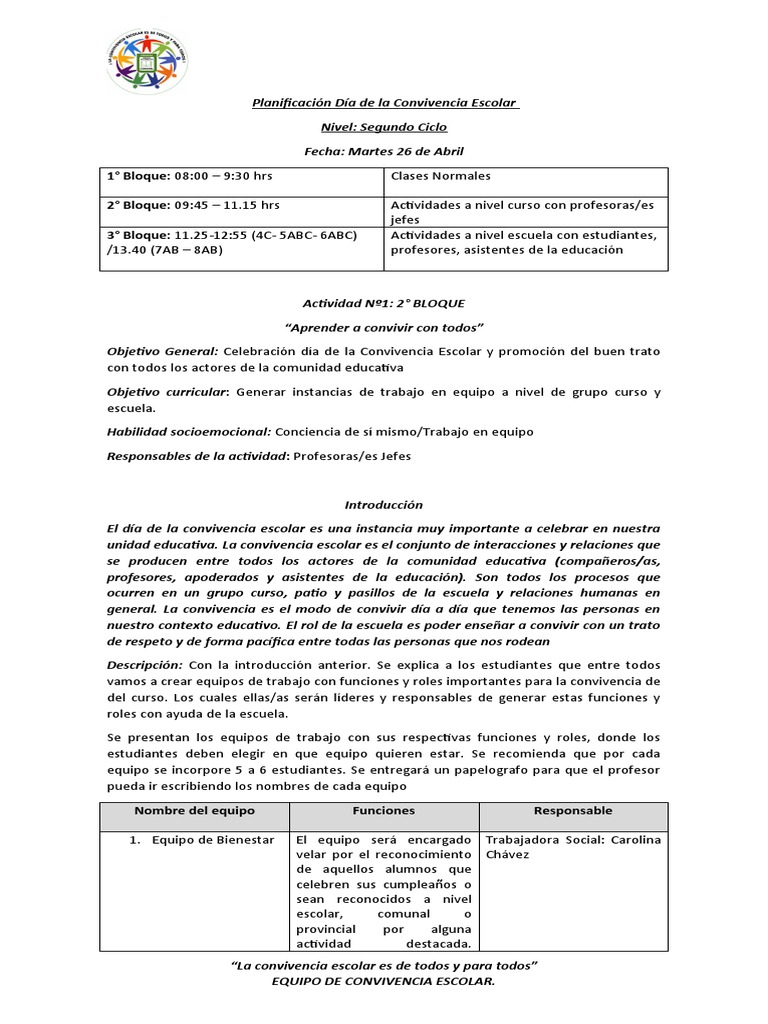 Planificación Día de la Convivencia Escolar | PDF | Maestros | Trabajo ...