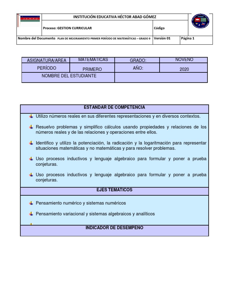 Plan de Mejoramiento de Matematicas Primer Periodo - Grado 9 - 2020 ...