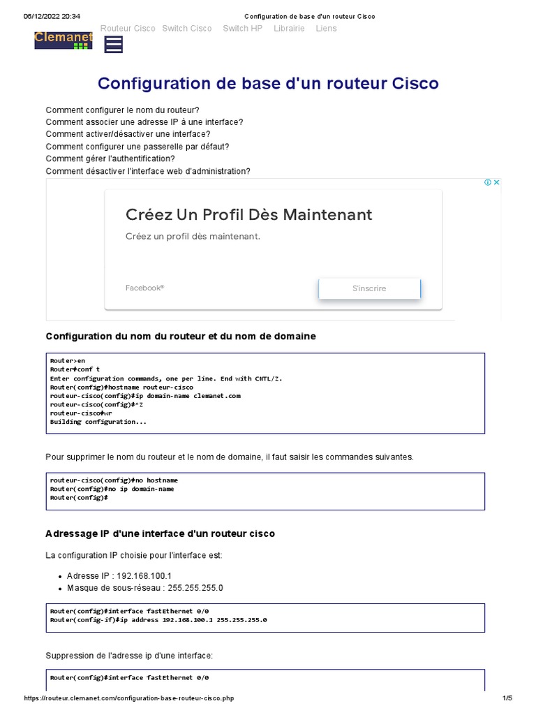 Configuration de Base D'un Routeur Cisco | PDF | Adresse IP ...