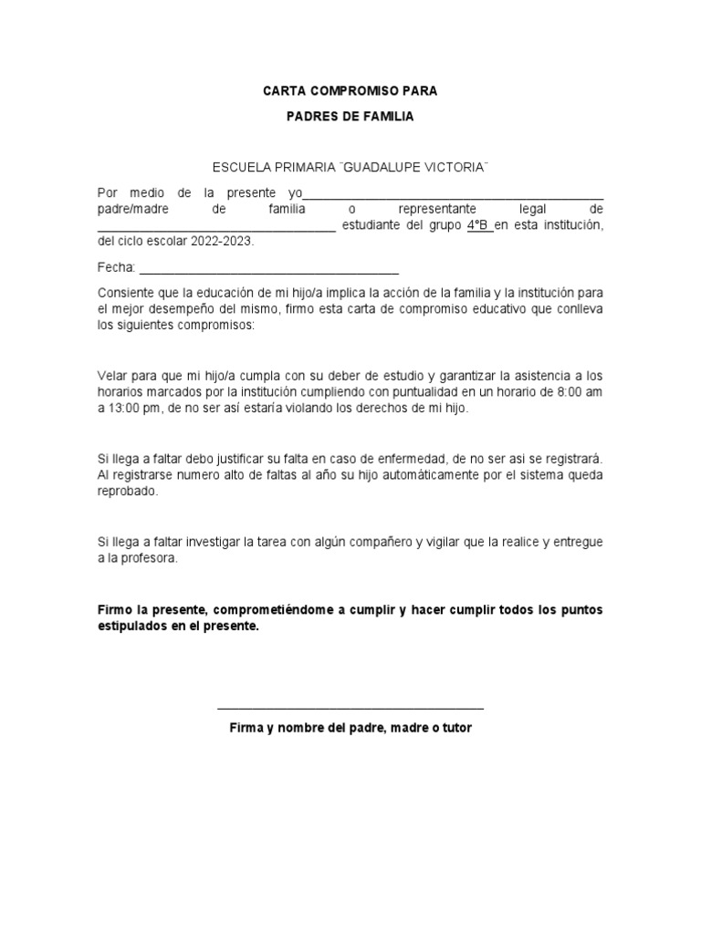 Carta Compromiso para Padres de Familia | PDF