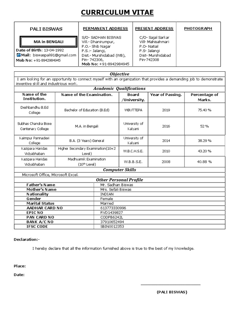 Curriculum Vitae Meaning In Bengali With Example