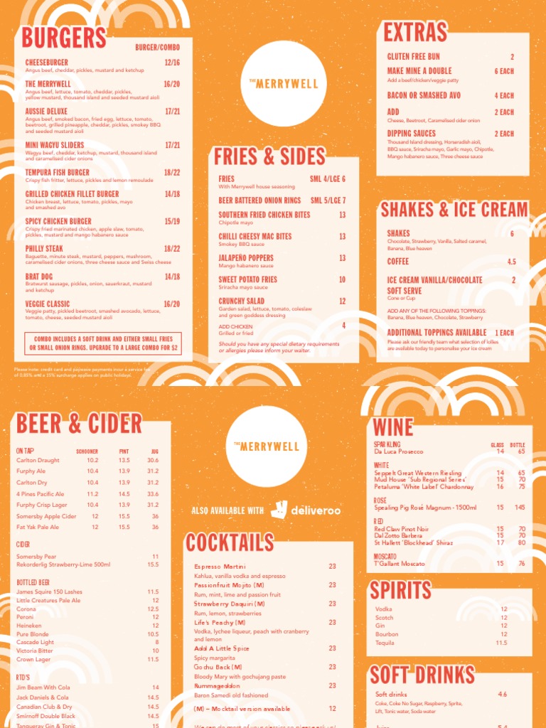 Crown Melbourne Restaurants The Merrywell Burger Bar Menu PDF