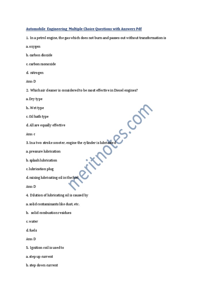Automobile Engineering Multiple Choice Questions With Answers PDF PDF