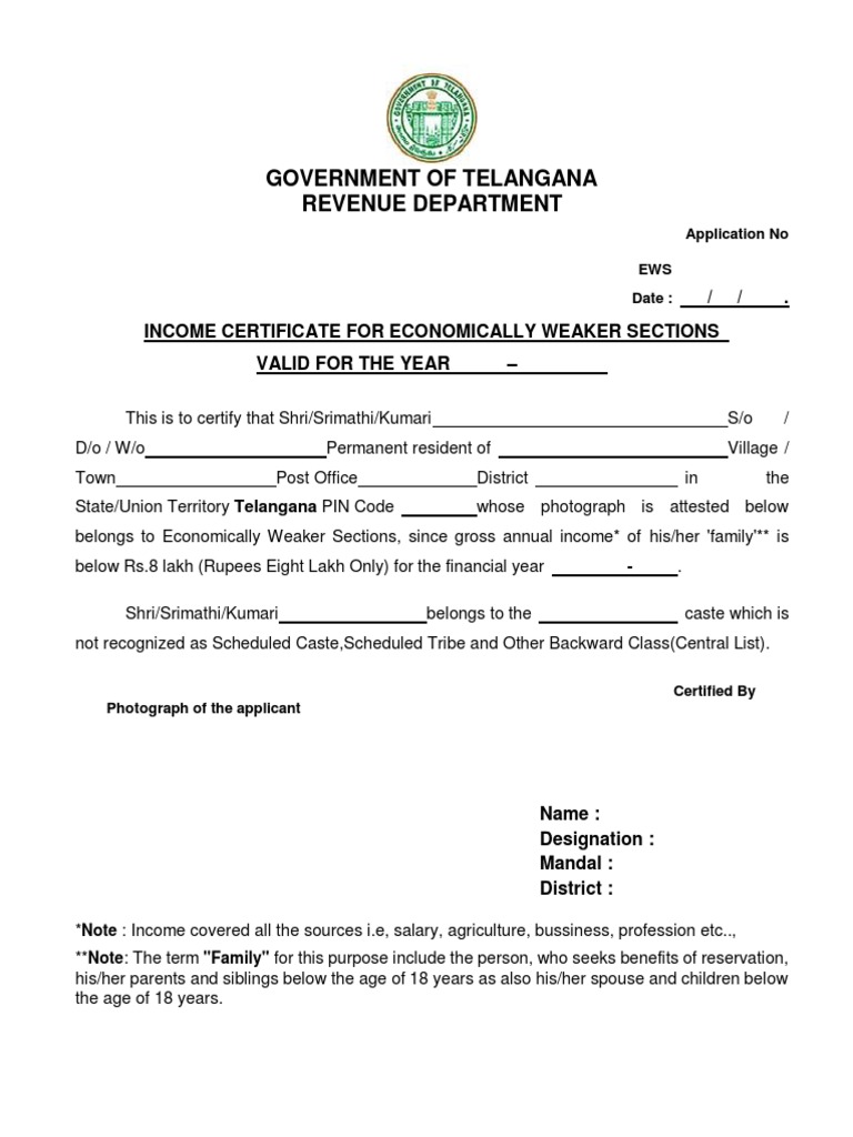 Government of telangana revenue department income certificate for