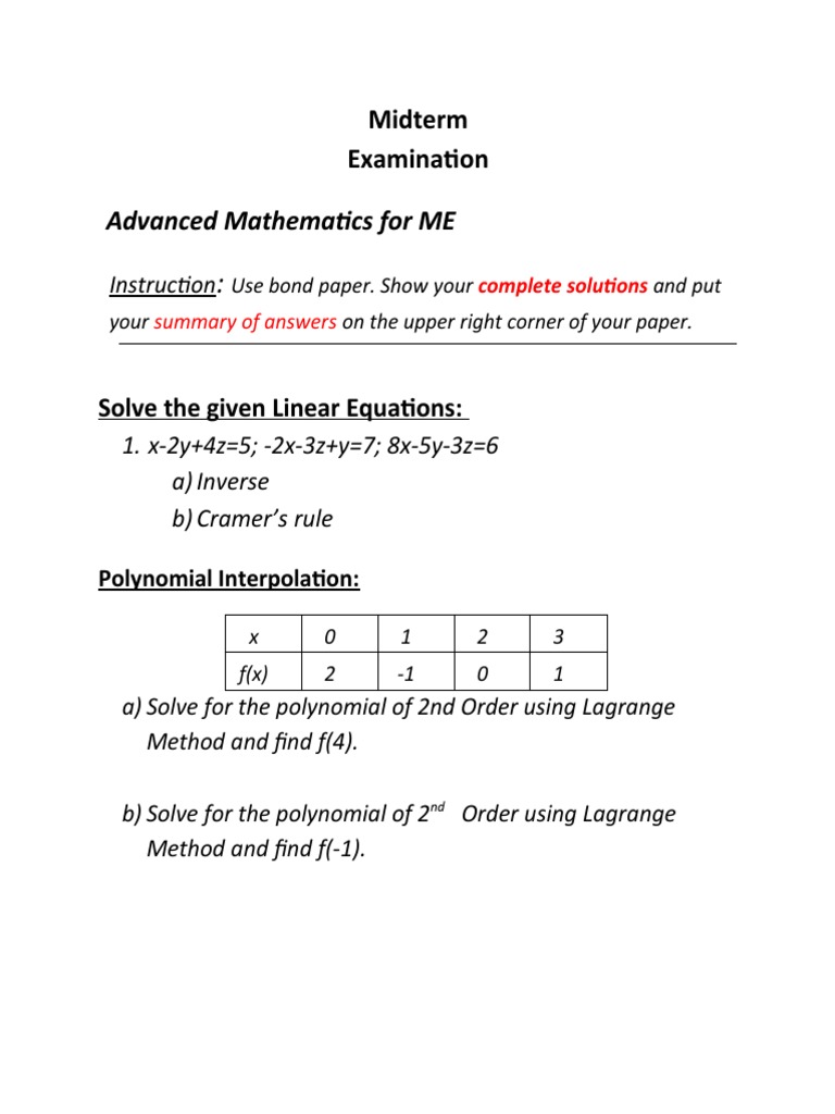 Advanced Mathematics For Me Midterm Exam Pdf